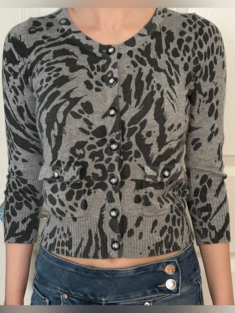 Costa Blanca Women’s Grey and Black Animal Print Cardigan Sweater Size XS